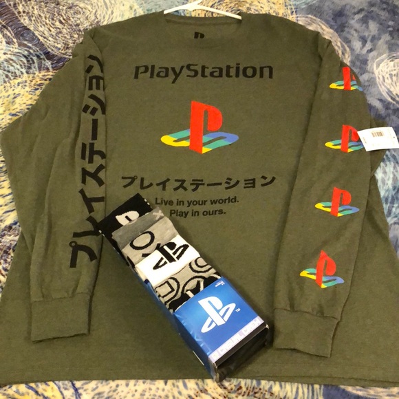 PlayStation Other - PLAYSTATION LONG SLEEVE LOGO/SLOGAN T SHIRT WITH SIX PAIR OF PLAYSTATION SOCKS